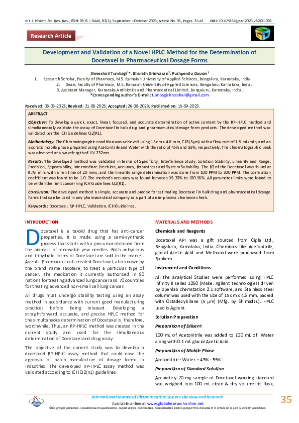 (PDF) Development and Validation of A Novel HPLC Method for the ...