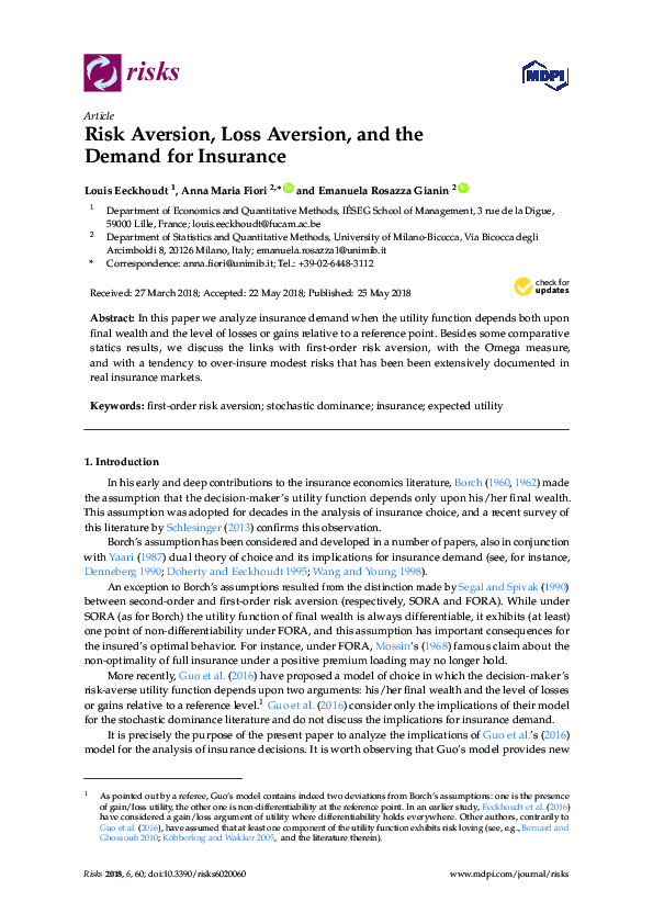 (PDF) Risk Aversion, Loss Aversion, and the Demand for Insurance
