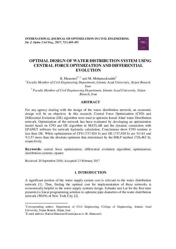 (PDF) Optimal Design of Water Distribution System Using Central Force ...