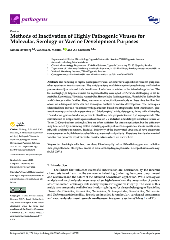(PDF) Methods of Inactivation of Highly Pathogenic Viruses for ...