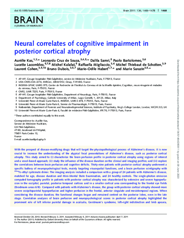 (PDF) Neural correlates of cognitive impairment in posterior cortical ...