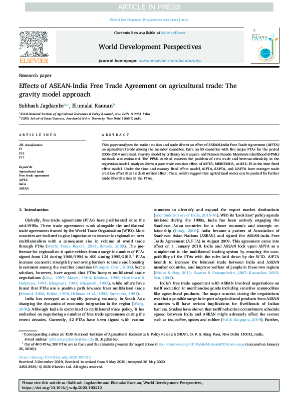 (PDF) Effects of ASEAN-India Free Trade Agreement on agricultural trade ...