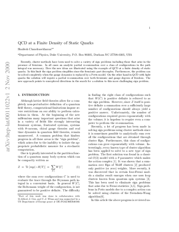 (PDF) QCD at a finite density of static quarks
