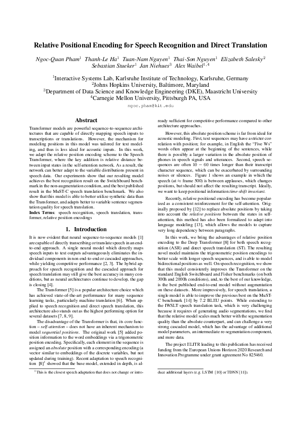 (PDF) Relative Positional Encoding for Speech Recognition and Direct ...