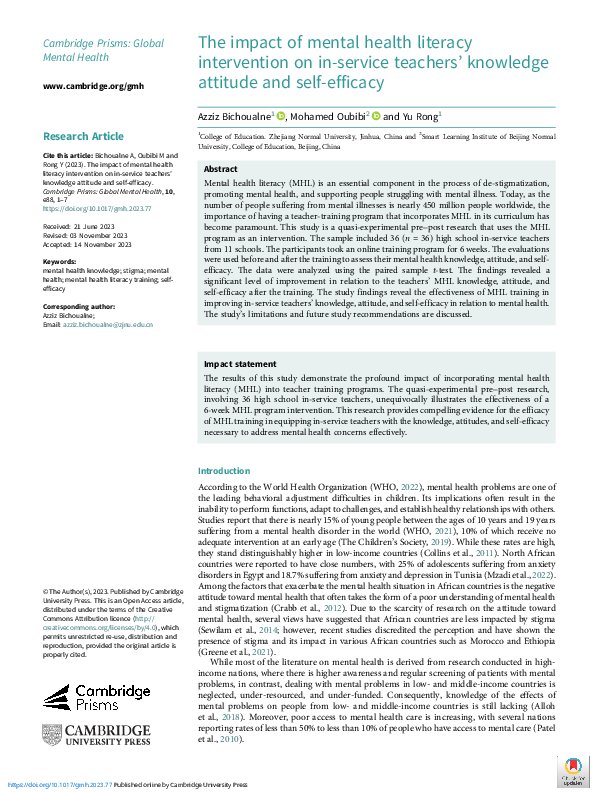 (PDF) The Impact of Mental Health Literacy Intervention on In-Service ...