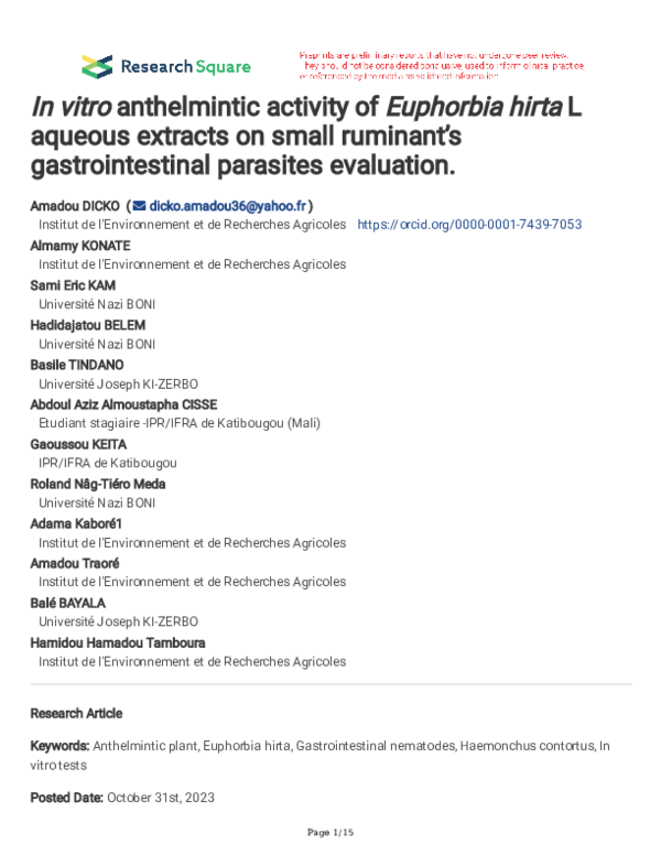 (PDF) In vitro anthelmintic activity of Euphorbia hirta L aqueous ...