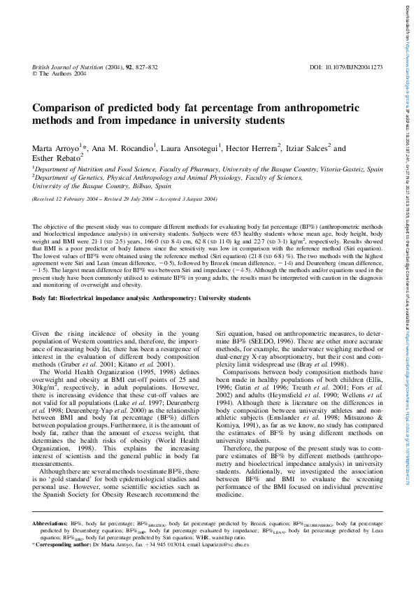 (PDF) Comparison of predicted body fat percentage from anthropometric ...