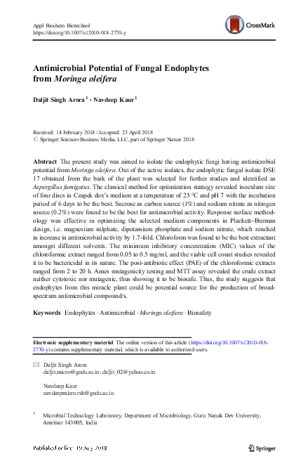 (PDF) Antimicrobial Potential of Fungal Endophytes from Moringa oleifera