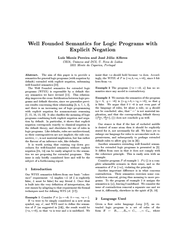 (PDF) Well founded semantics for logic programs with explicit negation