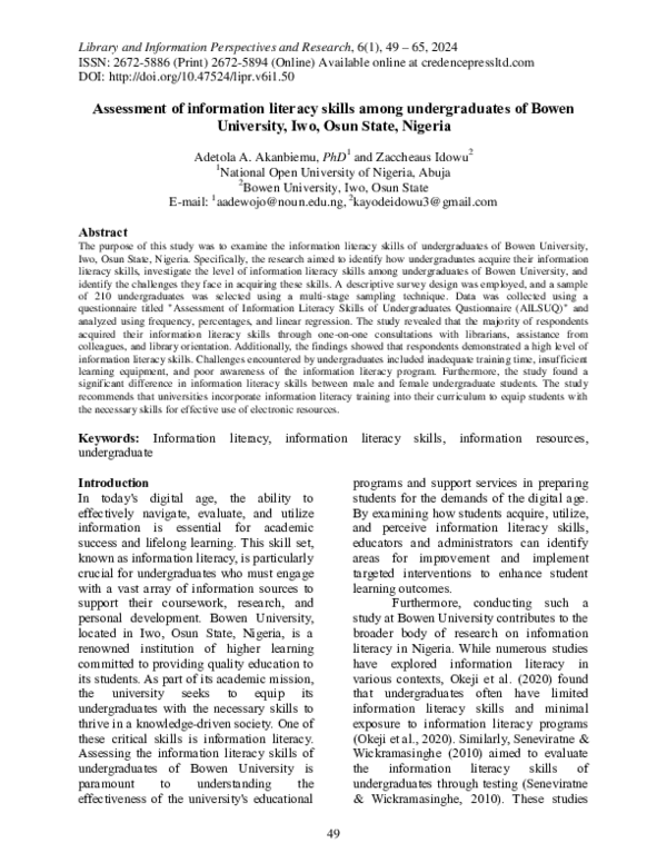 (PDF) Assessment of information literacy skills among undergraduates of ...