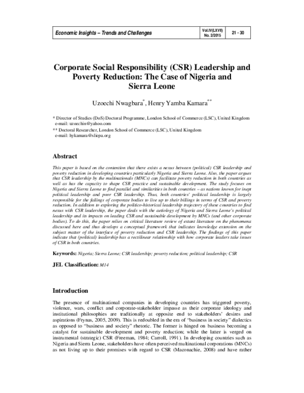 (PDF) Corporate Social Responsibility ( CSR ) Leadership and Poverty ...