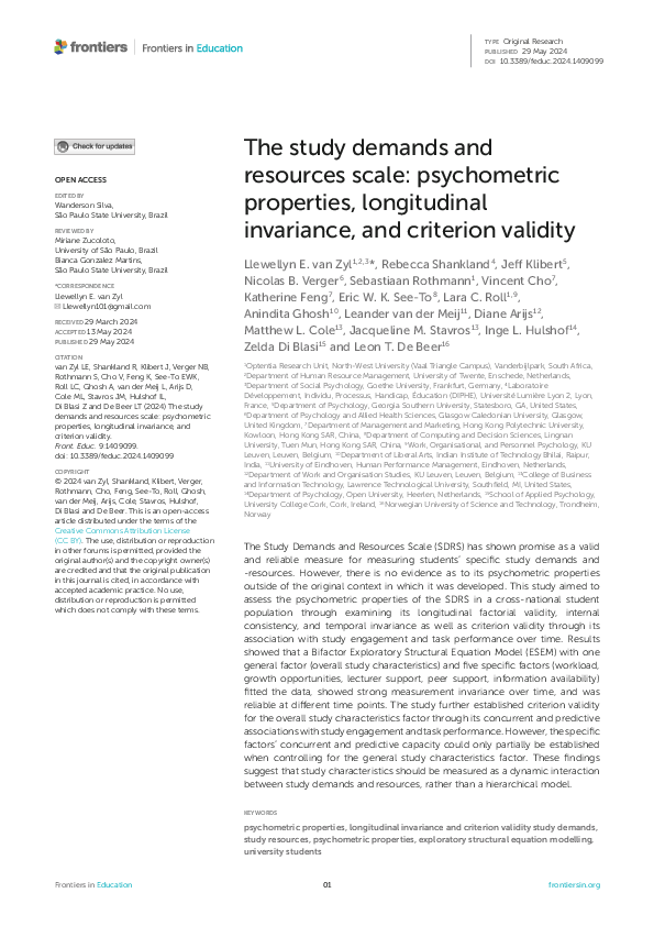 (PDF) The study demands and resources scale: psychometric properties ...