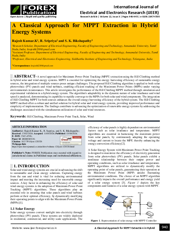 (PDF) A Classical Approach for MPPT Extraction in Hybrid Energy Systems