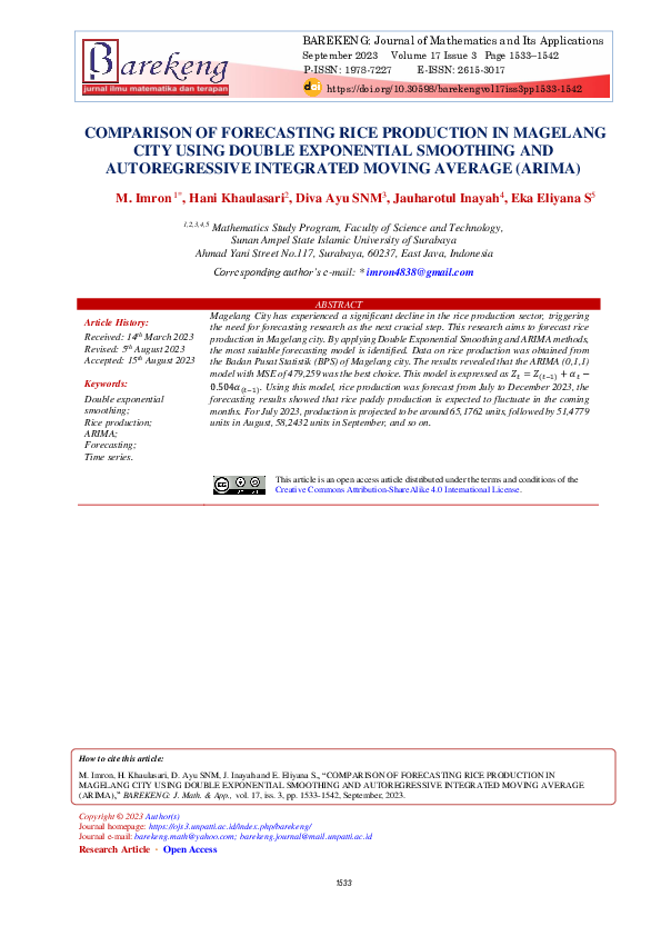 (PDF) Comparison of Forecasting Rice Production in Magelang City Using ...