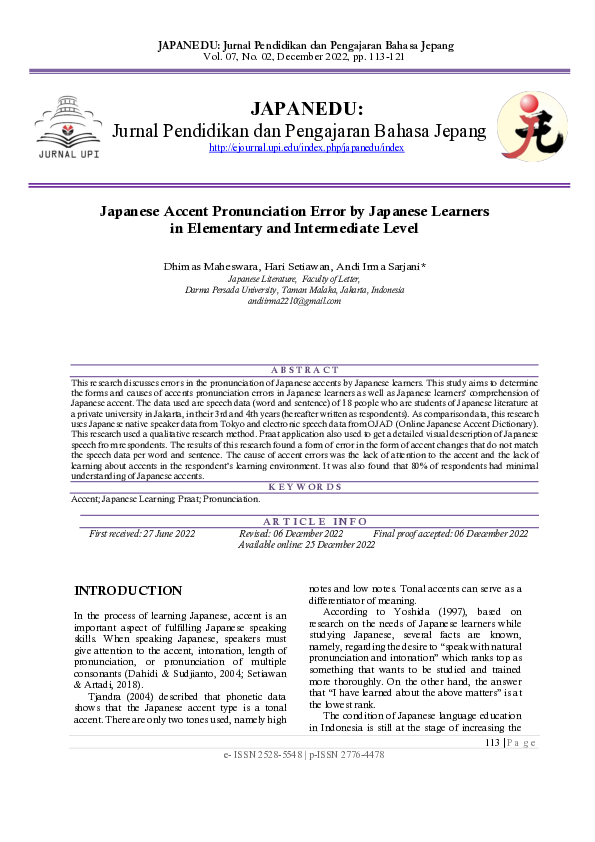 (PDF) Japanese Accent Pronunciation Error by Japanese Learners in ...