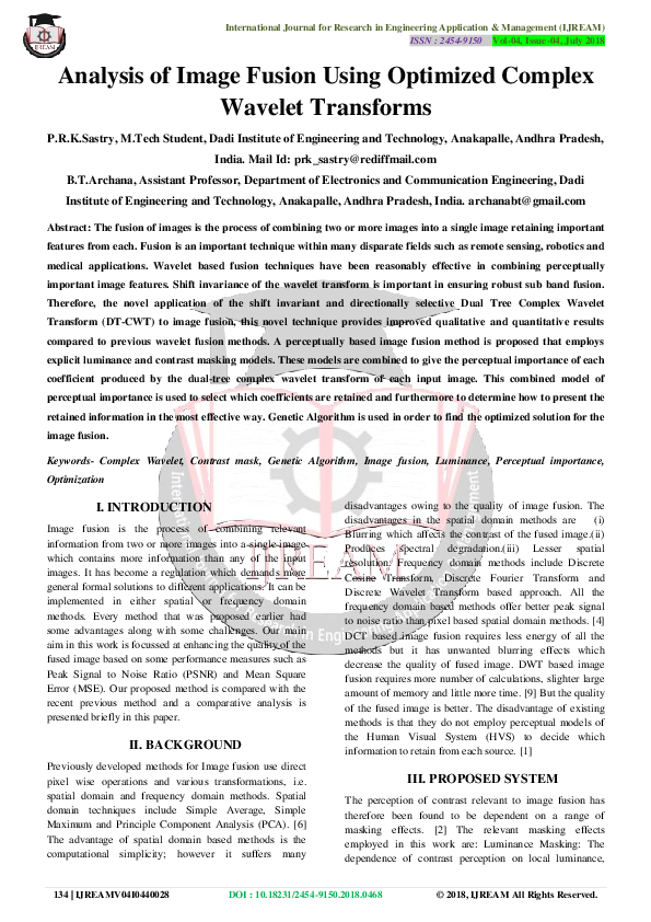 (PDF) Analysis of Image Fusion Using Optimized Complex Wavelet Transforms