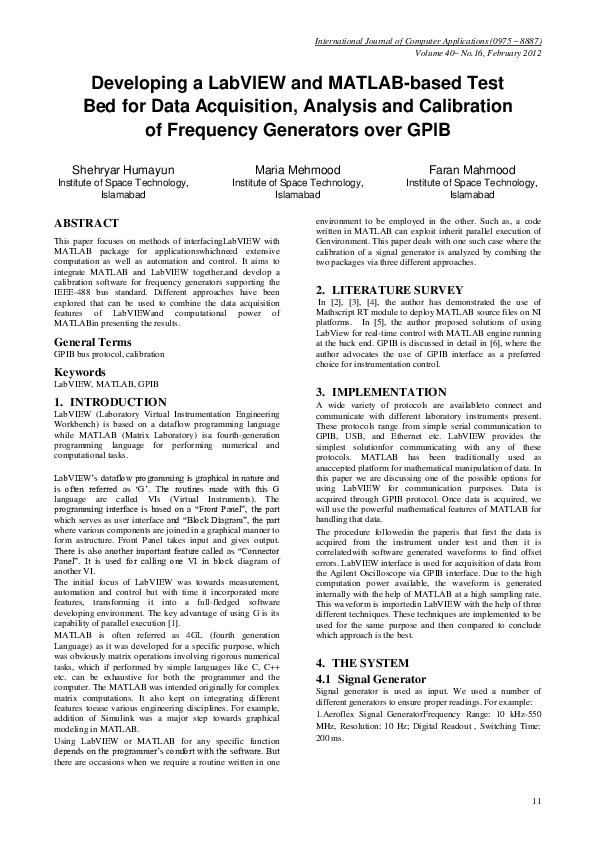 (PDF) Developing a Lab VIEW and MATLAB-based Test Bed for Data ...
