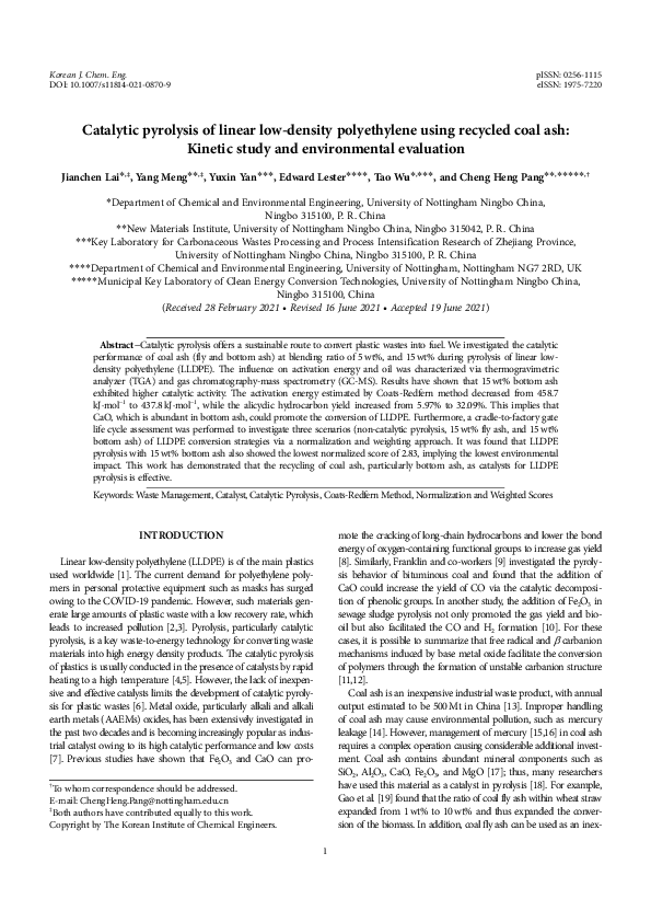 (PDF) Catalytic pyrolysis of linear low-density polyethylene using ...
