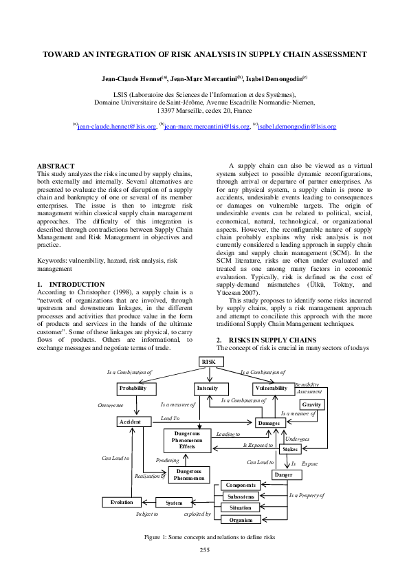 (PDF) Toward an integration of risk analysis in supply chain assessment