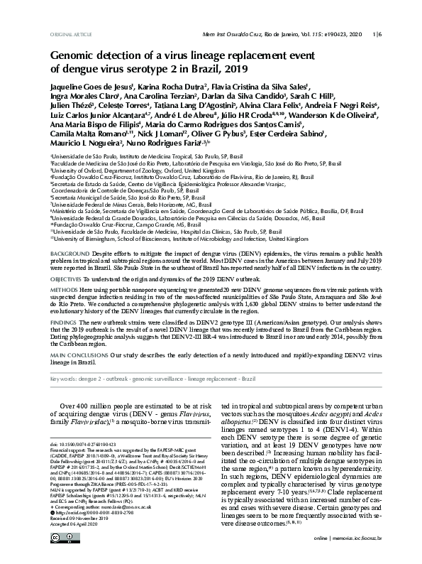(PDF) Genomic detection of a virus lineage replacement event of dengue ...