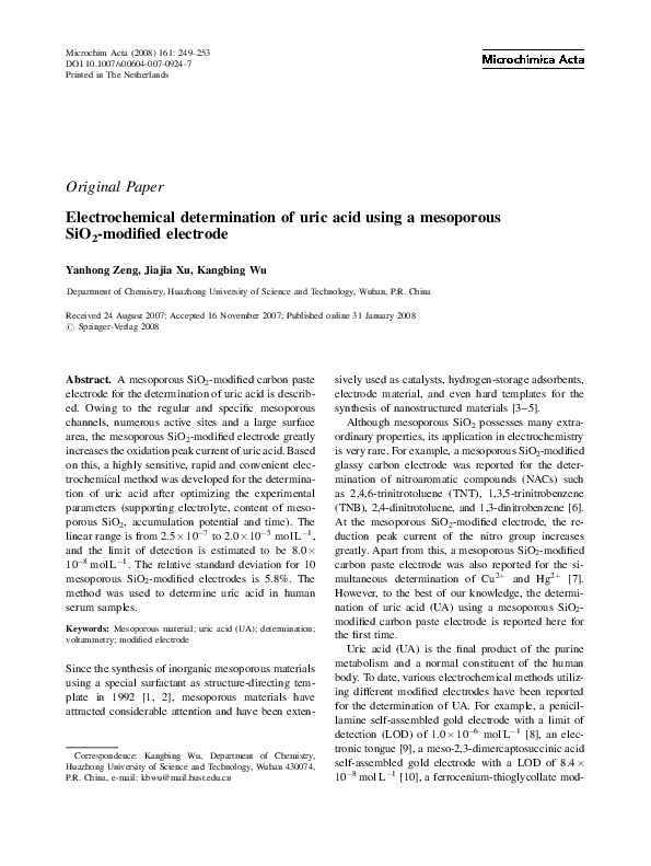 (PDF) Electrochemical determination of uric acid using a mesoporous ...
