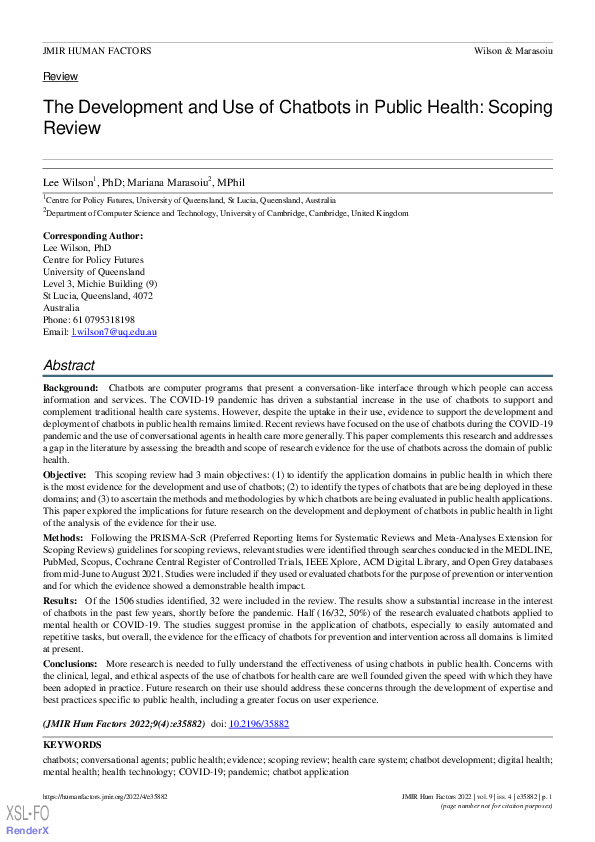 (PDF) The Development and Use of Chatbots in Public Health: Scoping Review