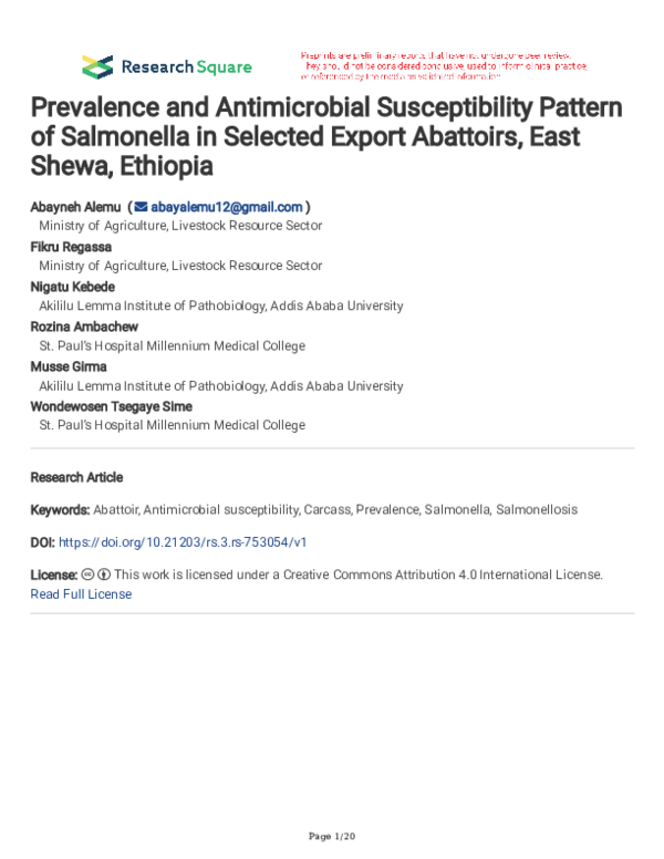 (PDF) Prevalence and Antimicrobial Susceptibility Pattern of Salmonella ...