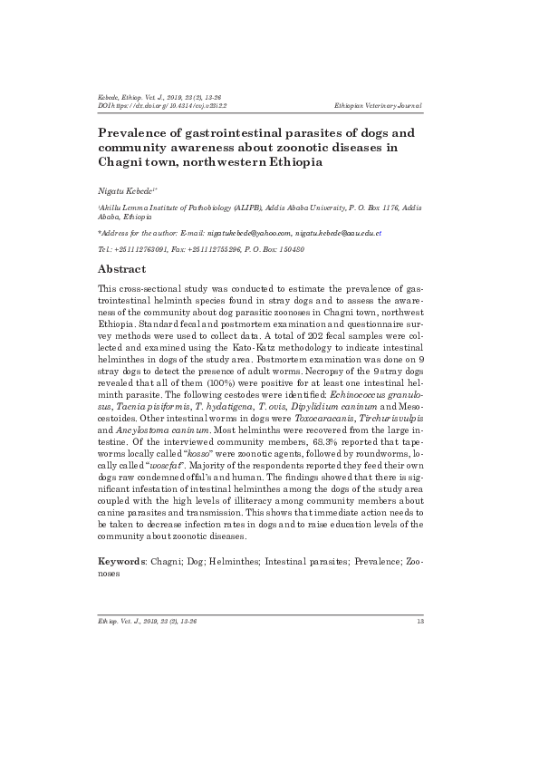 (PDF) Prevalence of gastrointestinal parasites of dogs and community ...