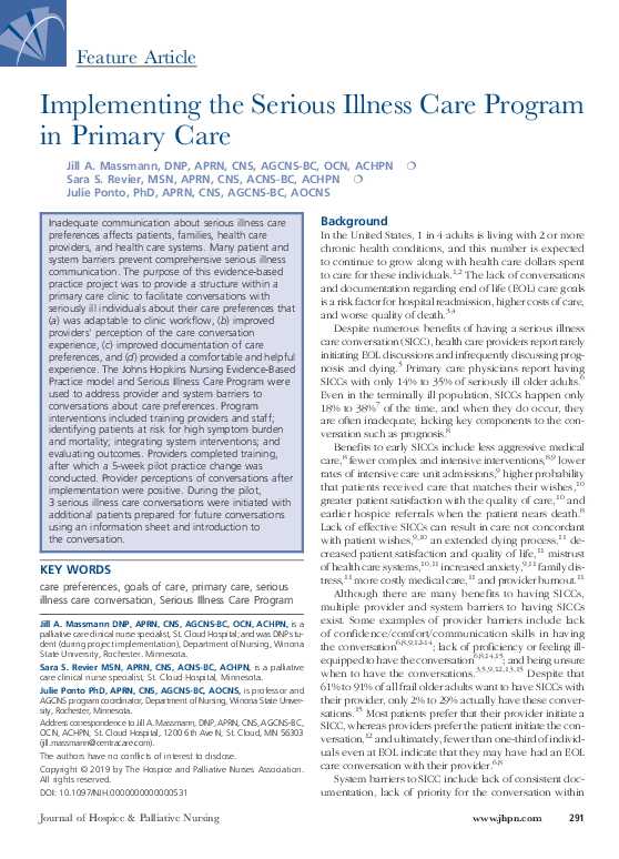 (PDF) Implementing the Serious Illness Care Program in Primary Care
