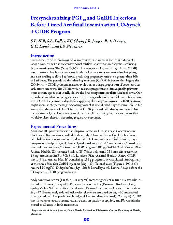 (PDF) Presynchronizing PGF2α and GnRH injections before timed ...
