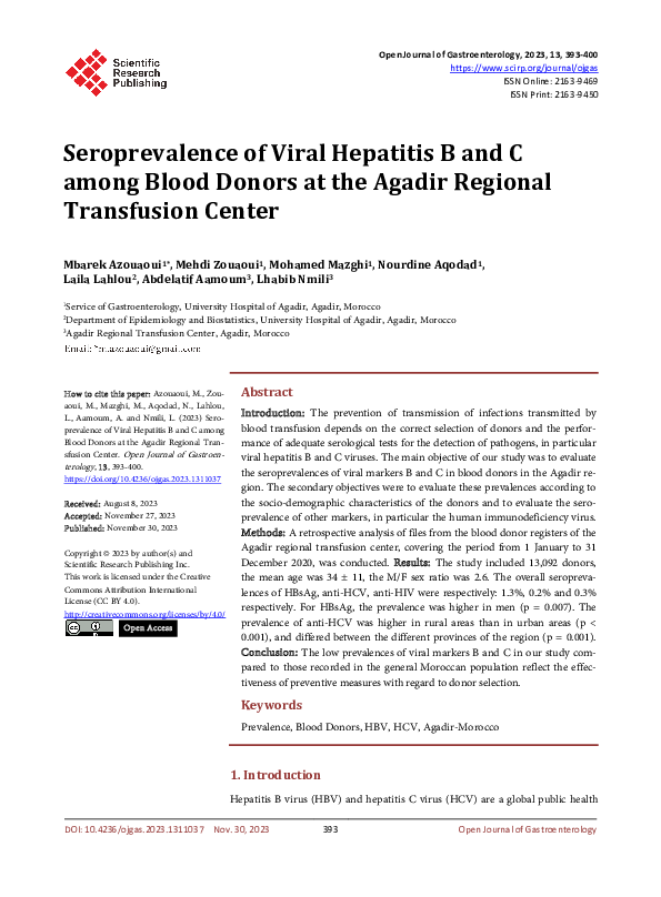 (PDF) Seroprevalence of Viral Hepatitis B and C among Blood Donors at ...