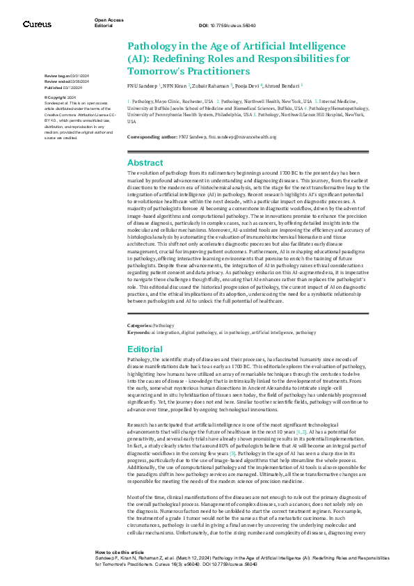 (PDF) Pathology in the Age of Artificial Intelligence (AI): Redefining ...