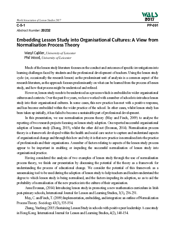 (PDF) Embedding Lesson Study into Organisational Cultures: A View from ...