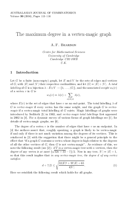 (PDF) The maximum degree in a vertex-magic graph | alan beardon ...