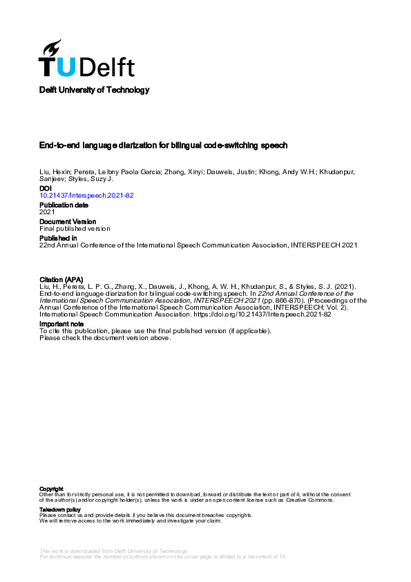 (PDF) End-to-End Language Diarization for Bilingual Code-Switching Speech