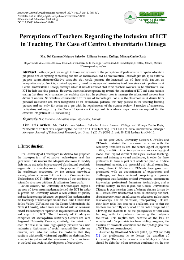 (PDF) Perceptions of Teachers Regarding the Inclusion of ICT in ...