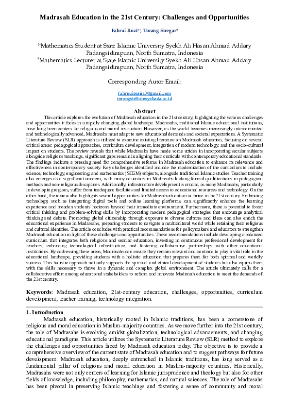 (PDF) Madrasah Education in the 21st Century: Challenges and Opportunities