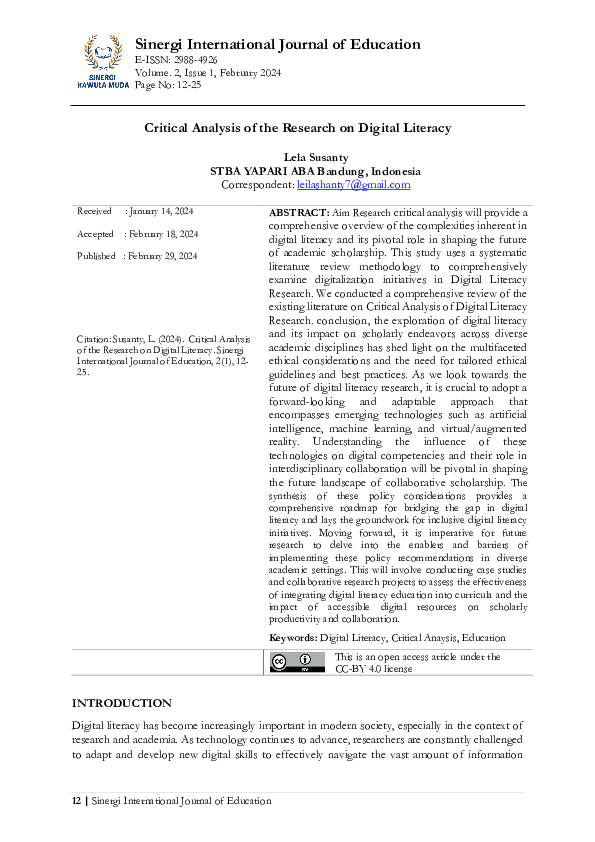 (PDF) Critical Analysis of the Research on Digital Literacy
