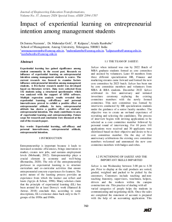 (PDF) Impact of experiential learning on entrepreneurial intention ...