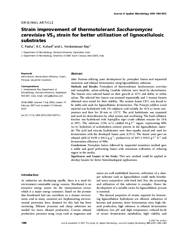 (PDF) Strain improvement of thermotolerant Saccharomyces cerevisiae VS3 ...