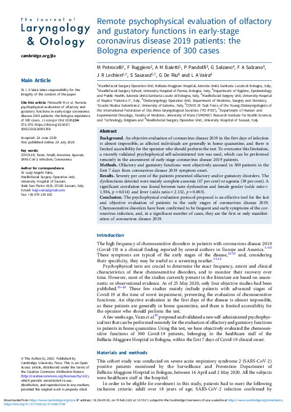 (PDF) Remote psychophysical evaluation of olfactory and gustatory ...