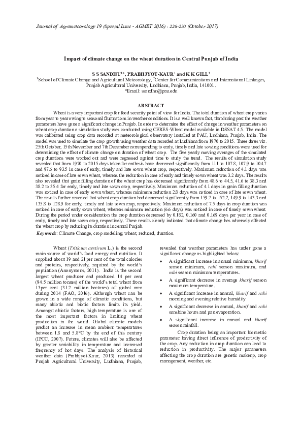 (PDF) Impact of climate change on the wheat duration in Central Punjab ...