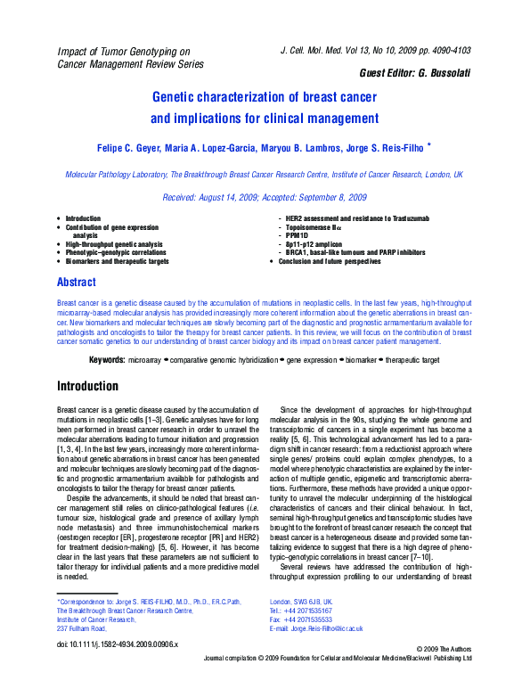 (PDF) Genetic characterization of breast cancer and implications for ...