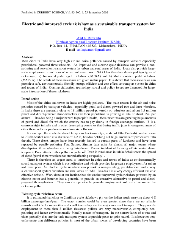 (PDF) Electric and improved cycle rickshaw as a sustainable transport ...