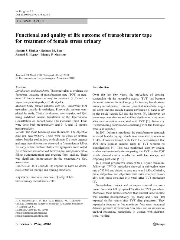 (PDF) Functional and quality of life outcome of transobturator tape for ...