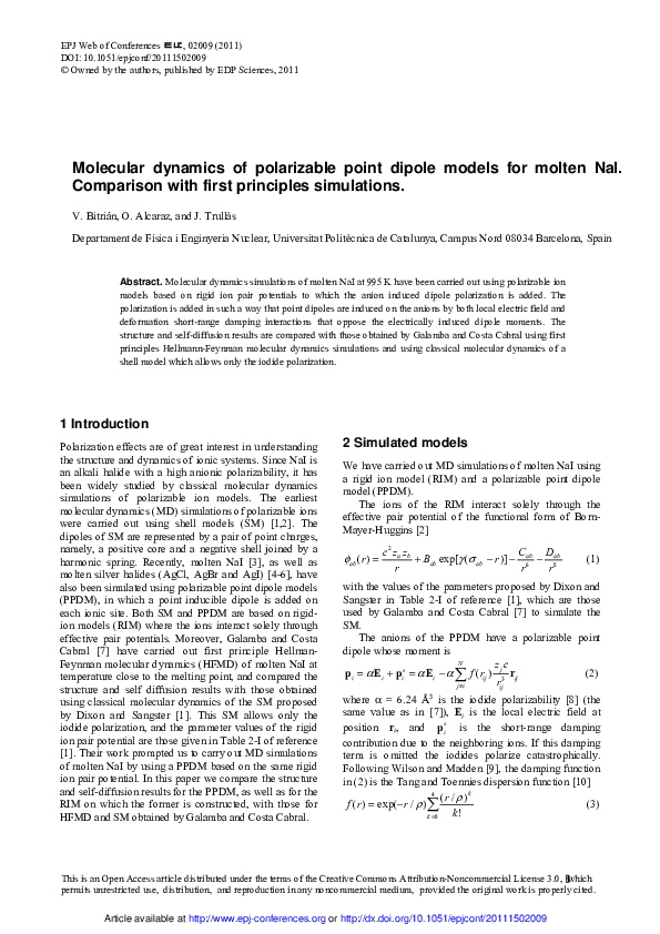 (PDF) Molecular dynamics of polarizable point dipole models for molten ...