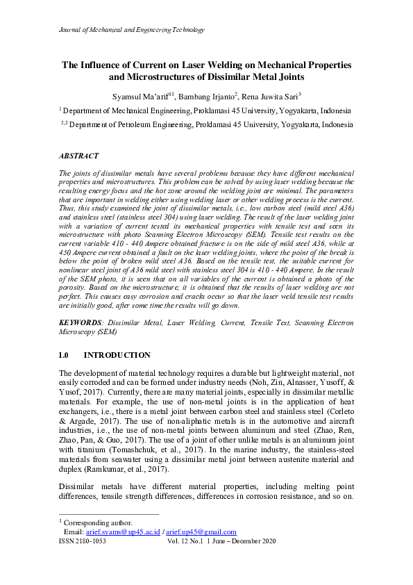 (PDF) The Influence of Current on Laser Welding on Mechanical ...
