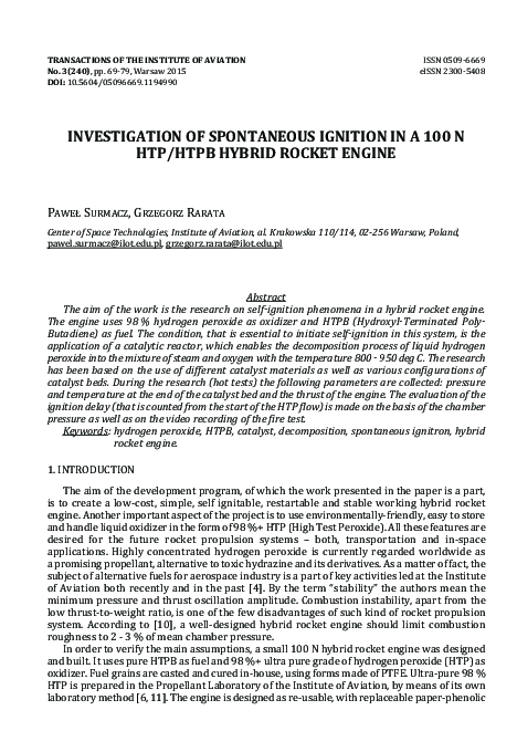 (PDF) Investigation of spontaneous ignition in a 100 N HTP/HTPB hybrid ...
