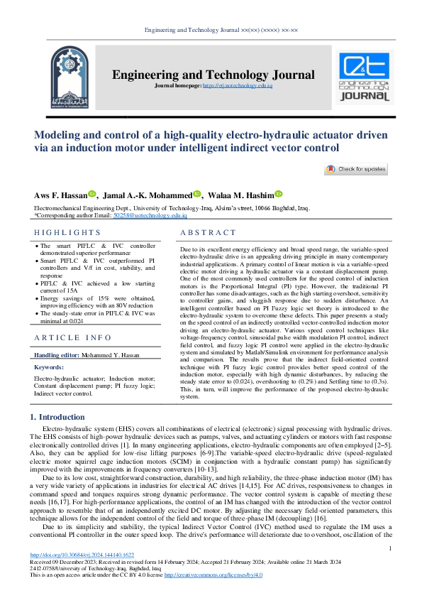 (PDF) Modeling and control of a high-quality electro-hydraulic actuator ...
