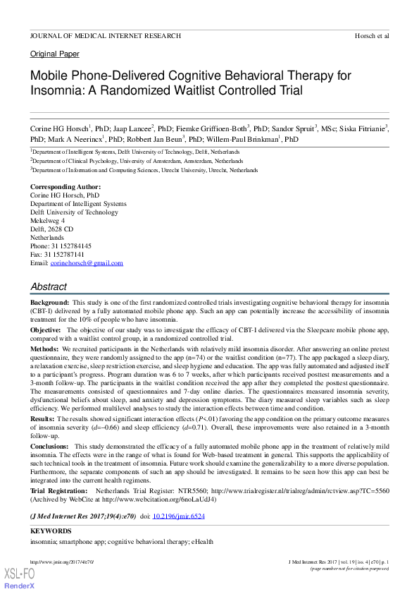 (PDF) Mobile Phone-Delivered Cognitive Behavioral Therapy for Insomnia ...